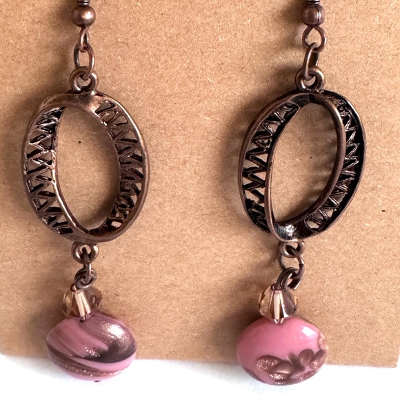 Indio Jewelry Pink and Copper Picasso Glass Copper Metal Earrings Item# 323 - Picture 4 of 4
